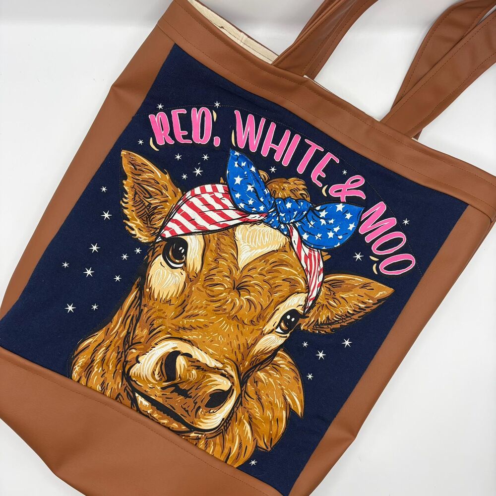 Handmade Tote Bag: Repurposed, Farmhouse Patriotic Cow Cottage Core Library Tote